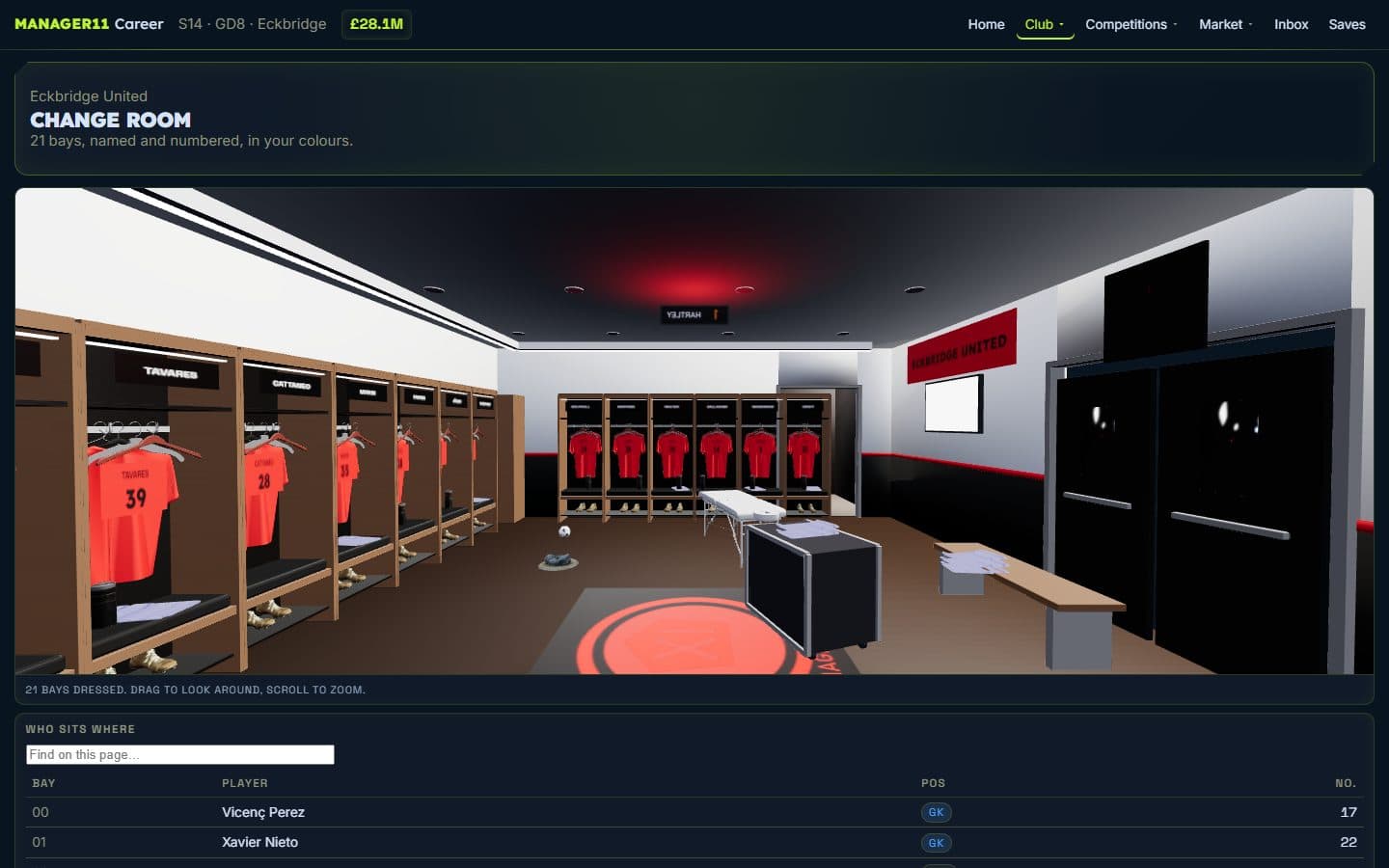 Career change room in 3D, 21 bays in your club colours