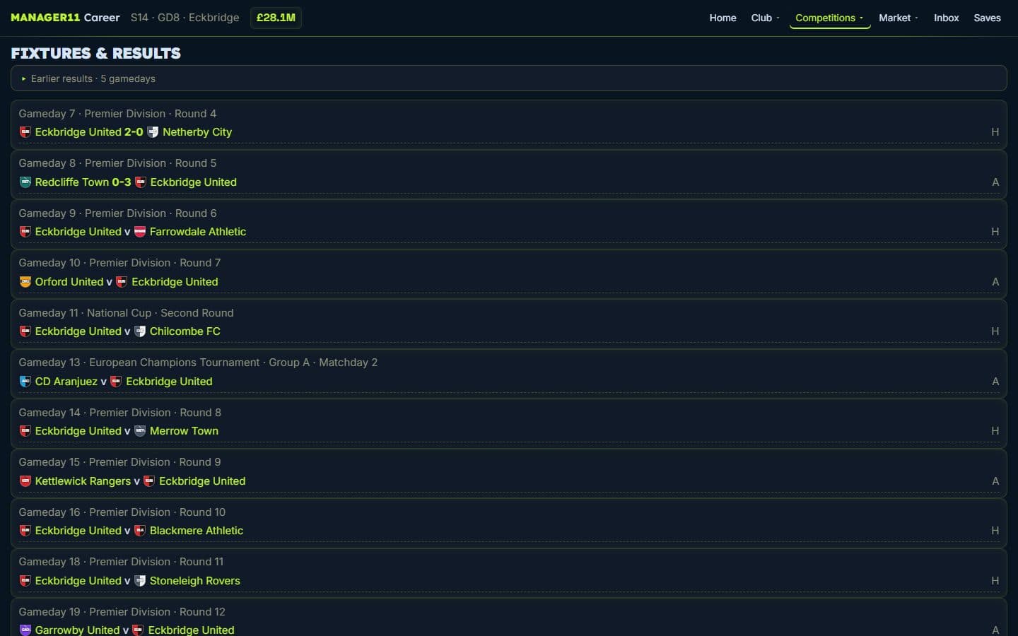 Fixtures and results across the season