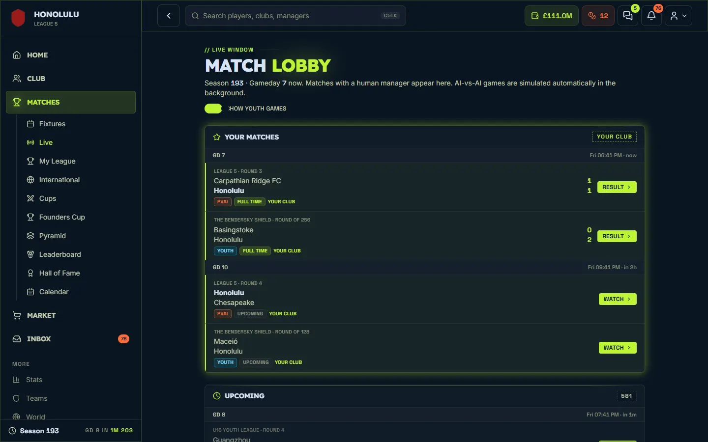 The match centre: Manager11 on desktop