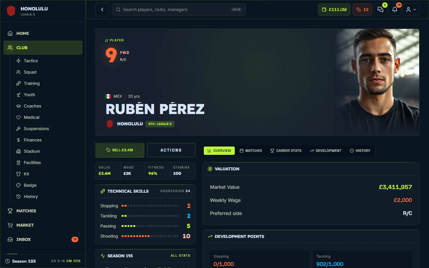 Jeder Spieler im Detail: Manager11 am Desktop