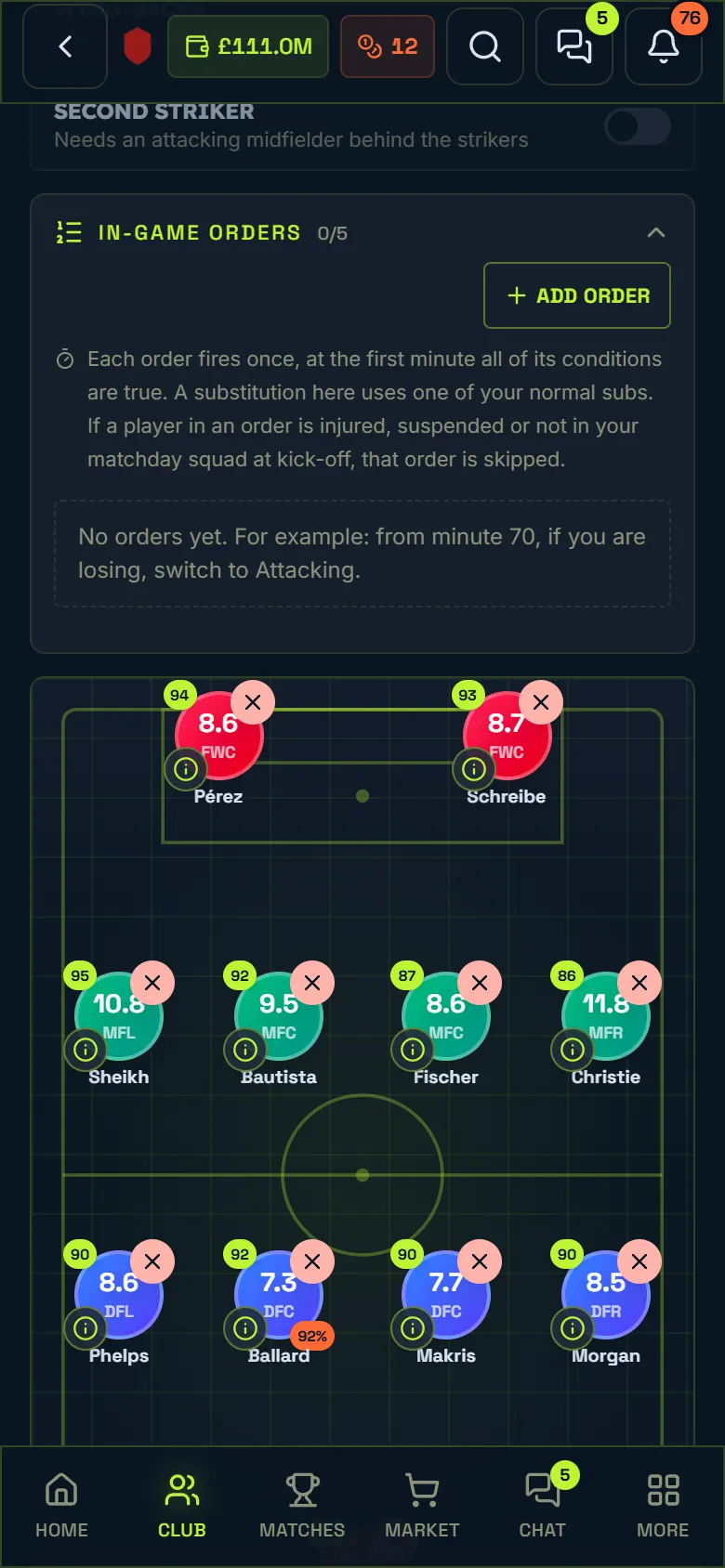 Órdenes durante el partido: Manager11 en el móvil