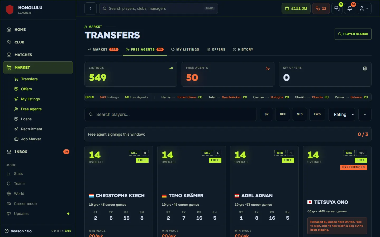 Vereinslose Spieler: Manager11 am Desktop